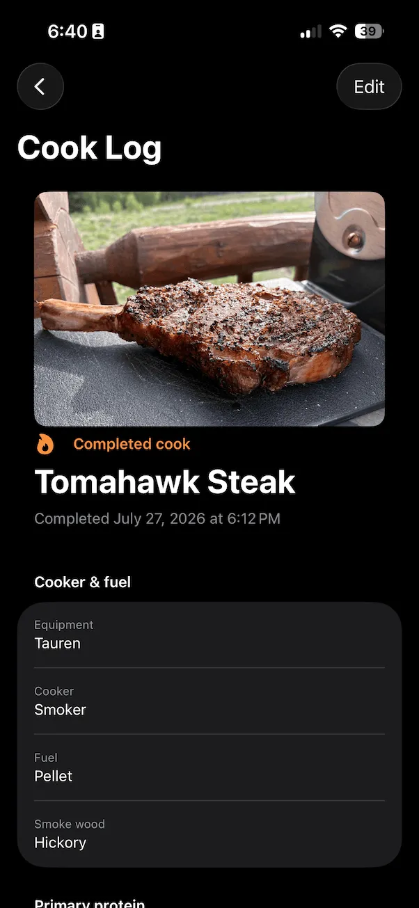 BBQ Buddy completed tomahawk steak cook log