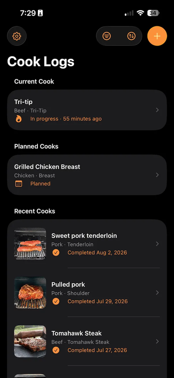 BBQ Buddy Cook Logs screen with planned, current, and recent cooks