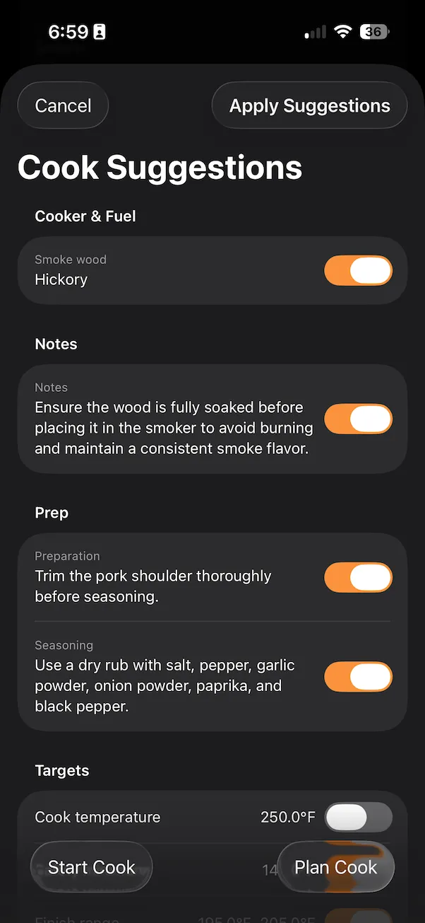 BBQ Buddy Cook Suggestions screen
