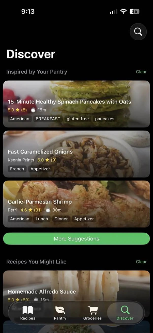 Assistant Chef Discover screen showing personalized recipe ideas