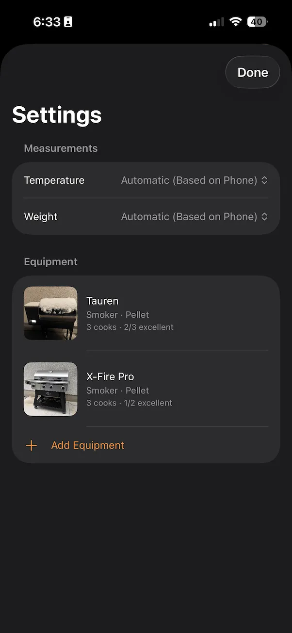 BBQ Buddy Settings screen with equipment profiles