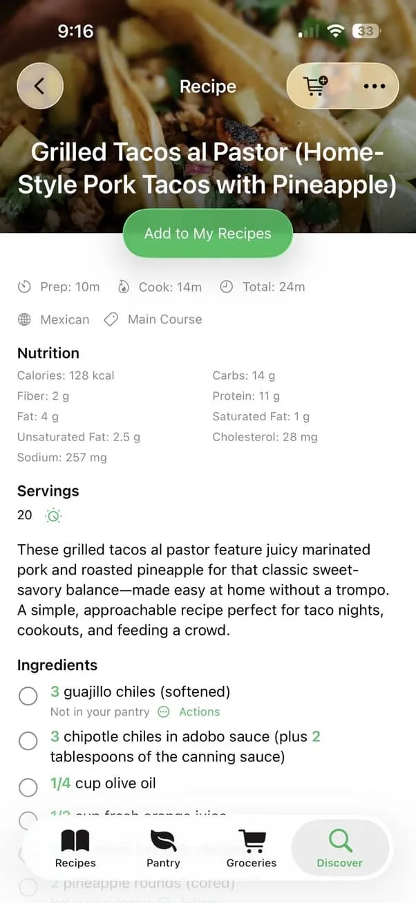 Assistant Chef recipe details screen
