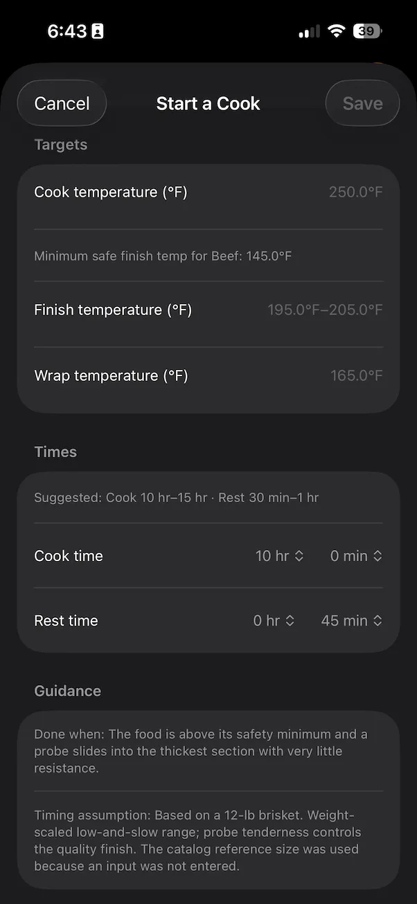 BBQ Buddy Start a Cook screen with targets, times, and guidance