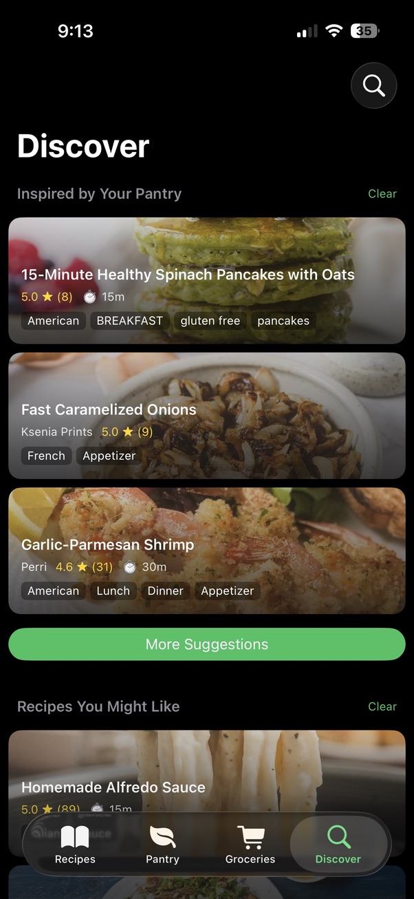 Assistant Chef Discover screen showing personalized recipe ideas