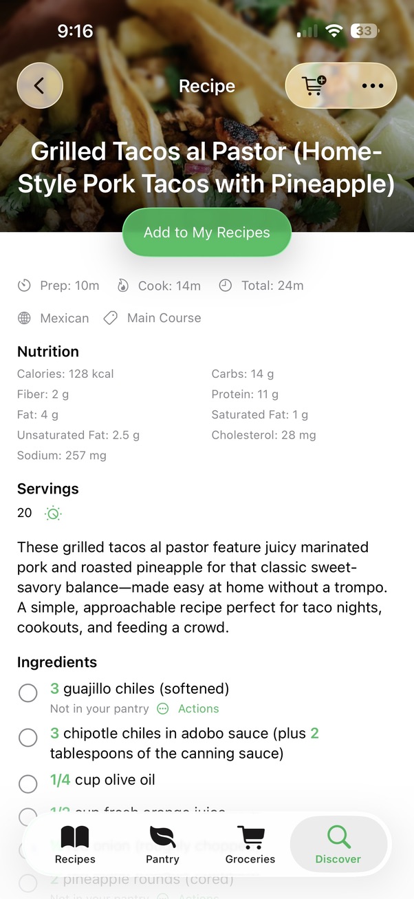 Assistant Chef recipe details screen
